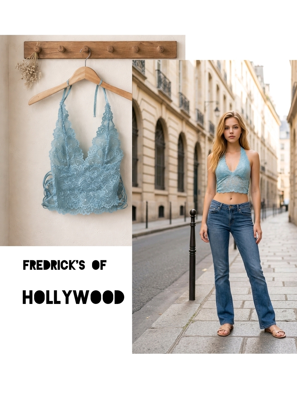 Frederick's of Hollywood Dusty Blue Lace Halter Crop Cami